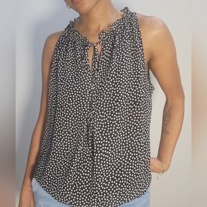 Max Studio Polka Dot Tank Top Size Large Black White Tie Neck Bubble Hem